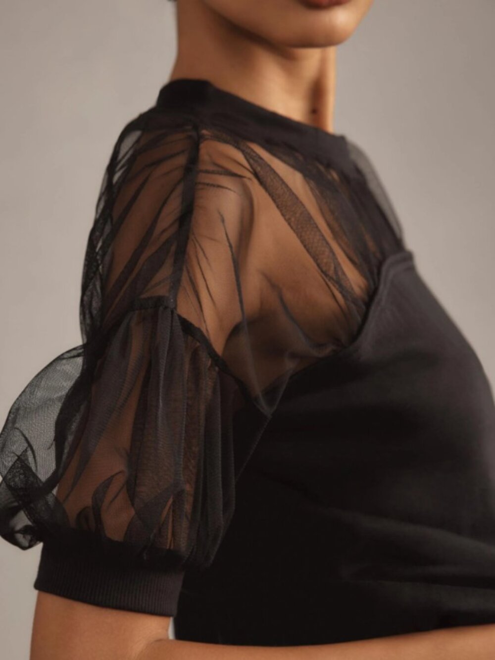 Maeve Anthropologie Short-Sleeve Sheer-Inset Knit Top Black - Picture 2 of 12